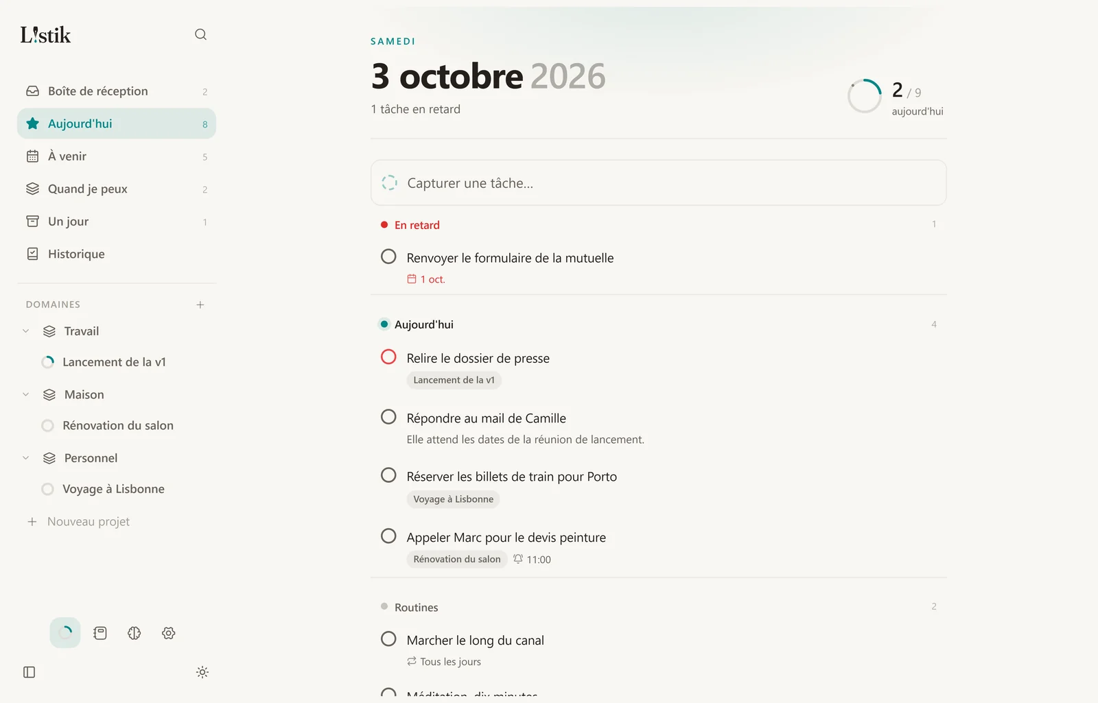 La vue Aujourd’hui de Listik : tâches du jour, routines, soirée et journal.