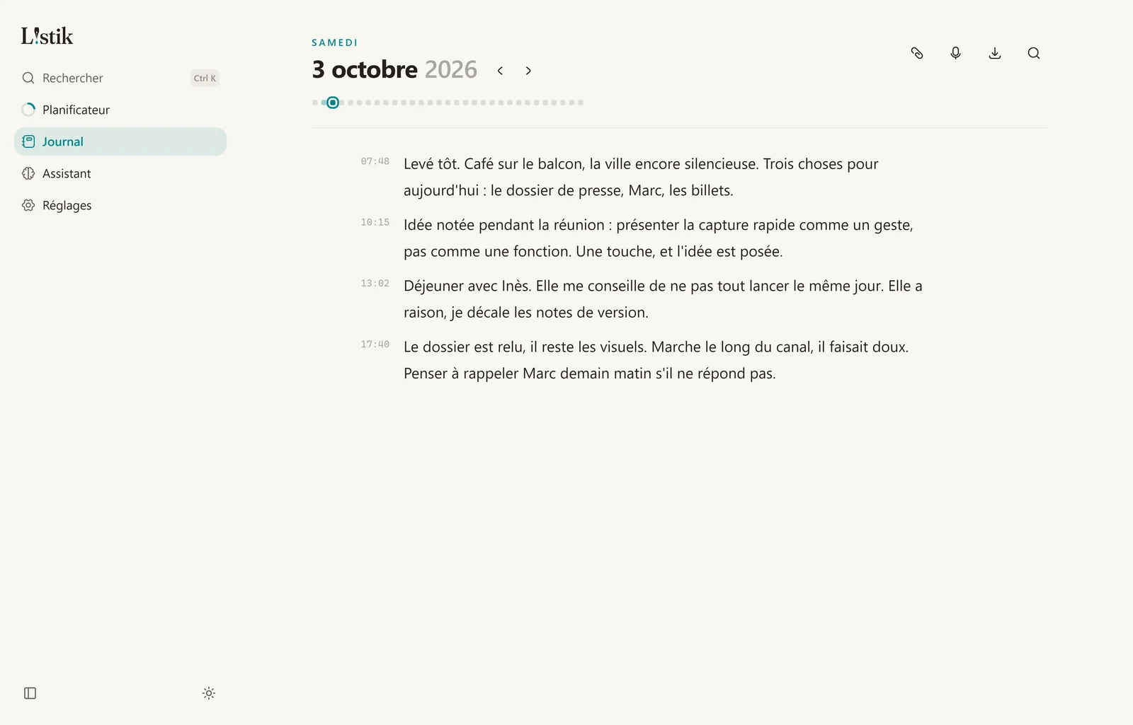 La page du jour dans le journal de Listik, avec plusieurs blocs écrits à différentes heures.