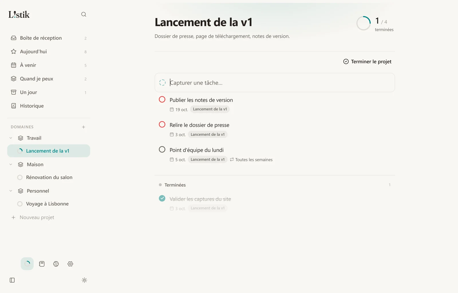 Un projet dans Listik : ses tâches, son échéance et son anneau de progression.